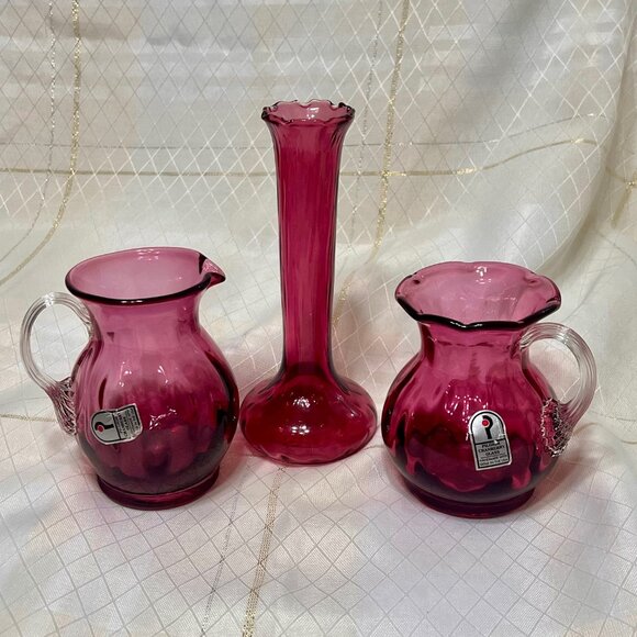 Pilgrim Cranberry Glass VTG Set Small Pitcher Vase and Creamer Cranberry Glass